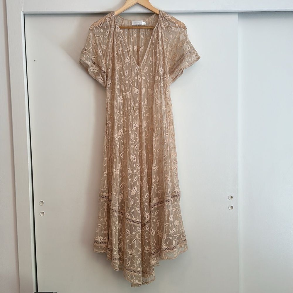 ZIMMERMANN Nightmarch Vine Embroidery Silk Cotton Midi Dress Cream Tan Size 0/XS